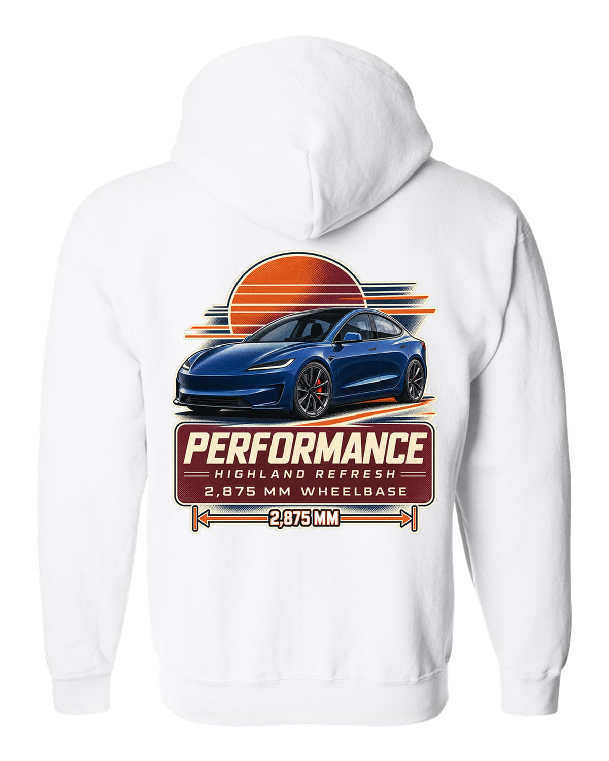 Spec poster print of a Tesla Model 3 Performance Highland refresh white zip hoodie back view with the design