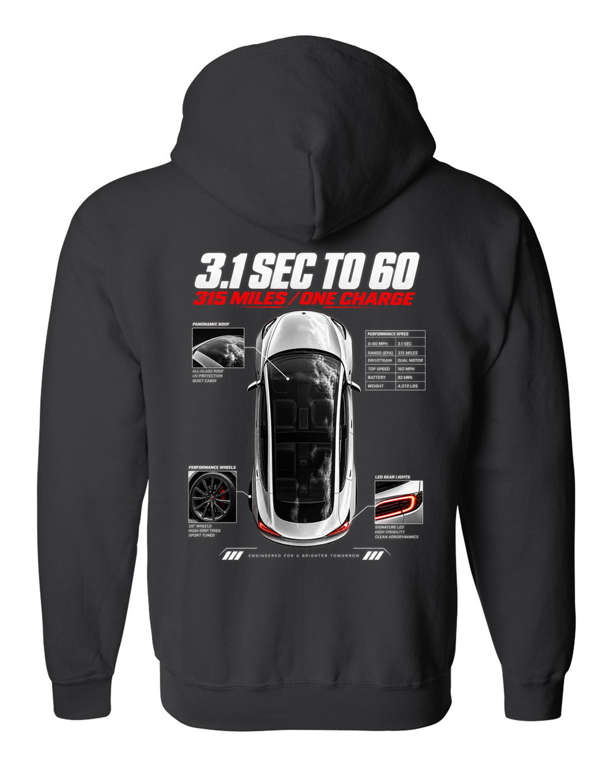 Top-down spec poster print of a Tesla Model 3 Performance with 0-60 and range figures black zip hoodie back view with the design