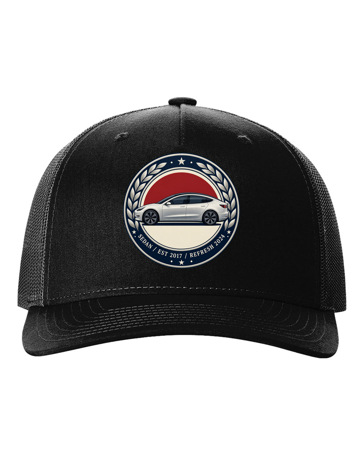 Round crest print of a Tesla Model 3 sedan reading Est 2017 and Refresh 2024 black hat front view with the design