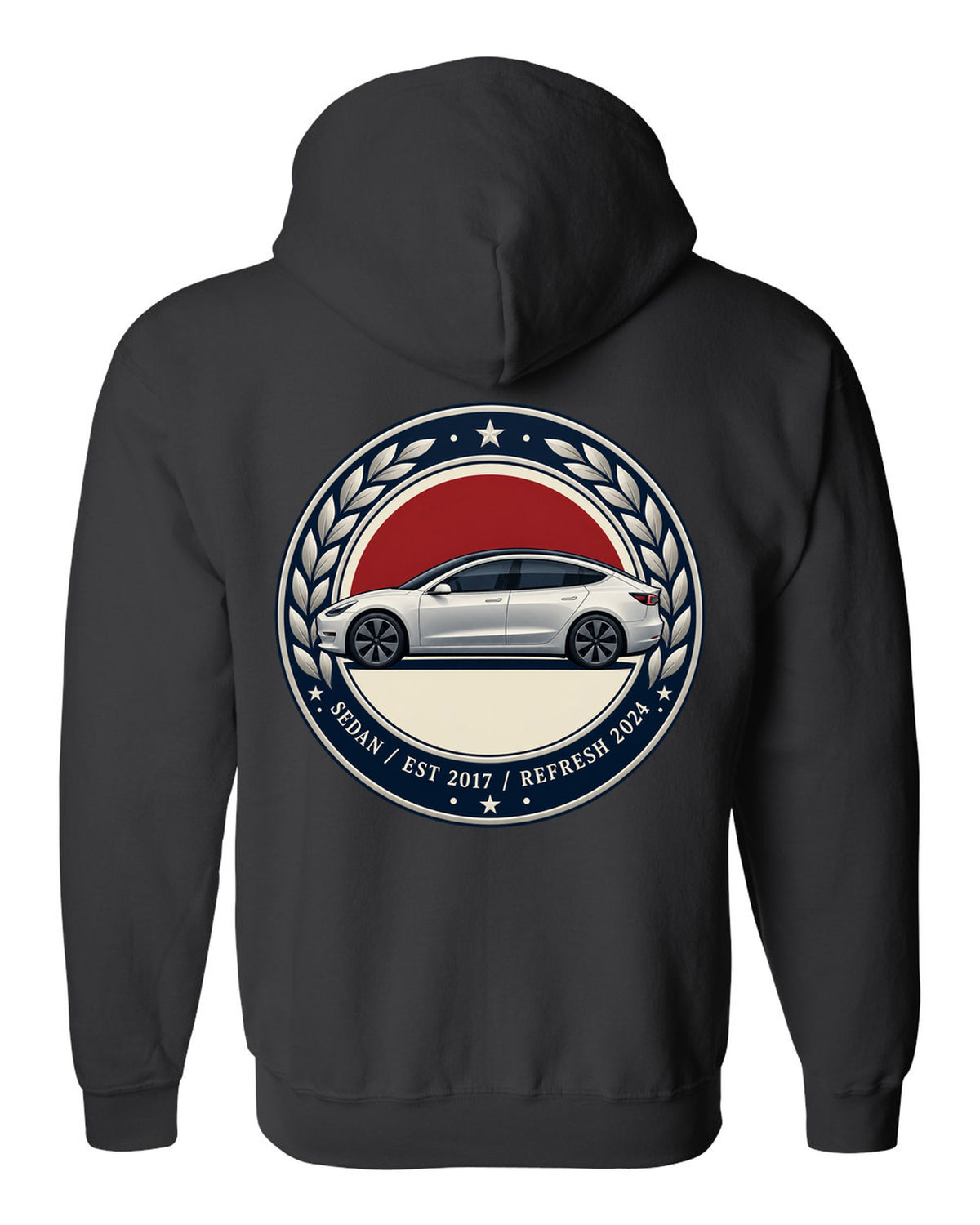 Round crest print of a Tesla Model 3 sedan reading Est 2017 and Refresh 2024 black zip hoodie back view with the design
