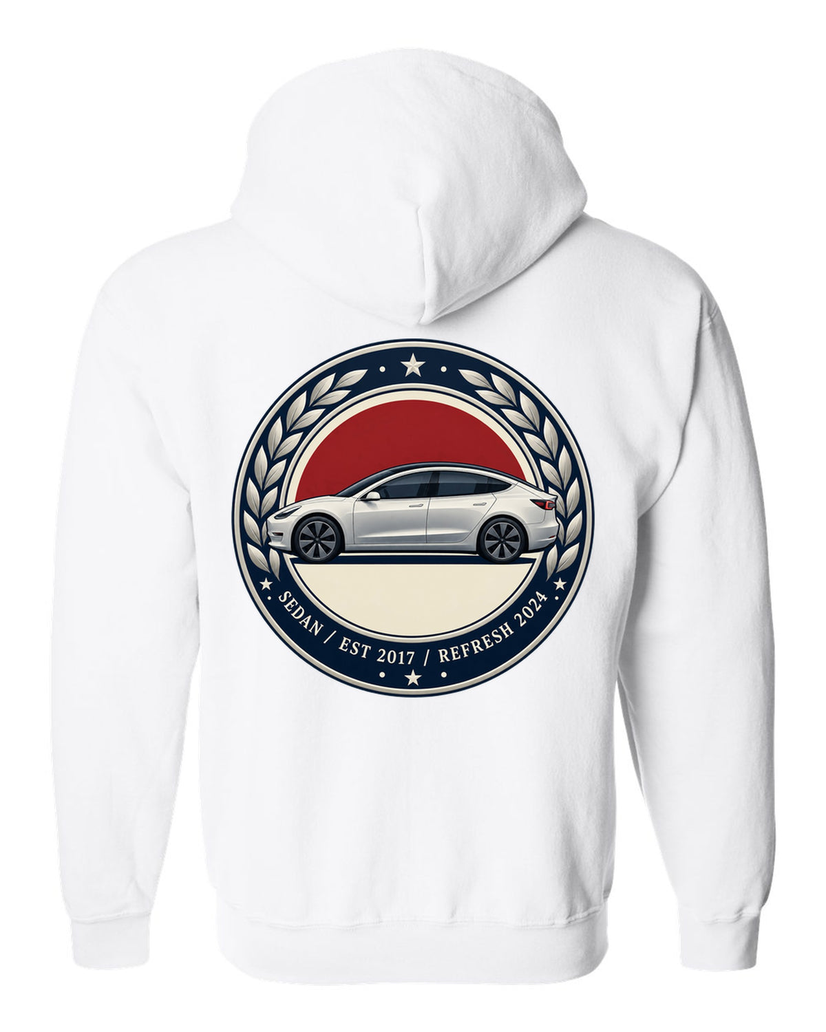 Round crest print of a Tesla Model 3 sedan reading Est 2017 and Refresh 2024 white zip hoodie back view with the design