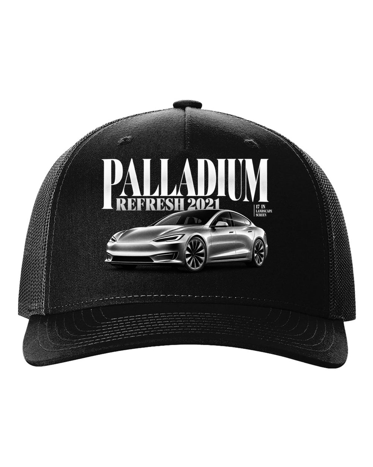 Editorial headline print of a Tesla Model S Palladium 2021 front three-quarter view black hat front view with the design
