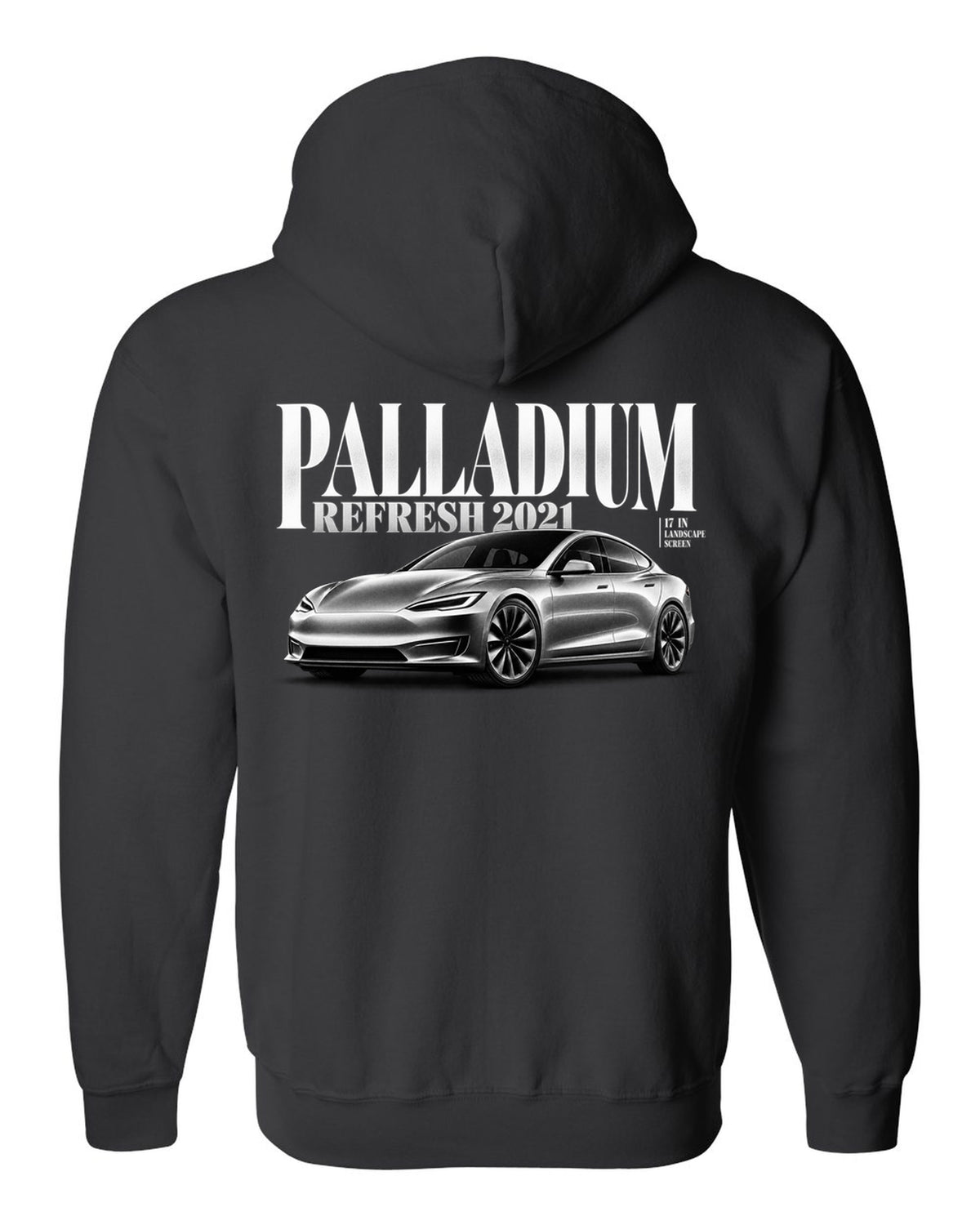 Editorial headline print of a Tesla Model S Palladium 2021 front three-quarter view black zip hoodie back view with the design