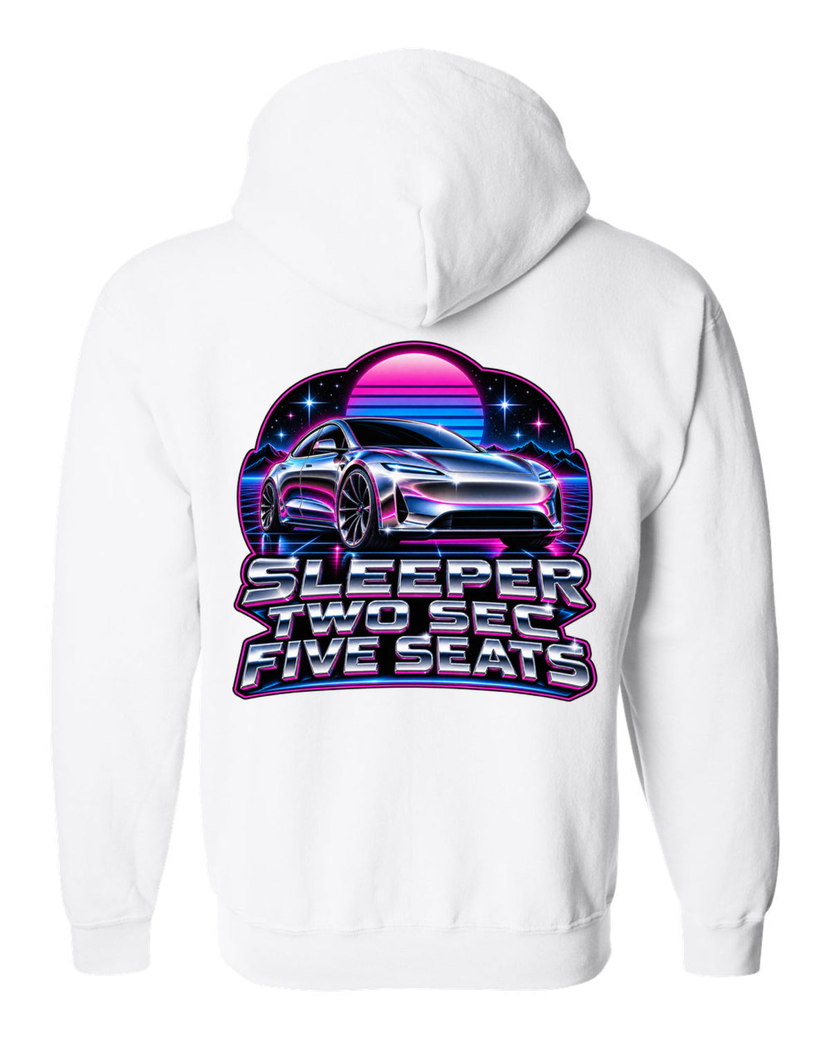80s chrome airbrush art of a 2021 Tesla Model S Plaid with the words Sleeper Two Sec Five Seats white zip hoodie back view with the design