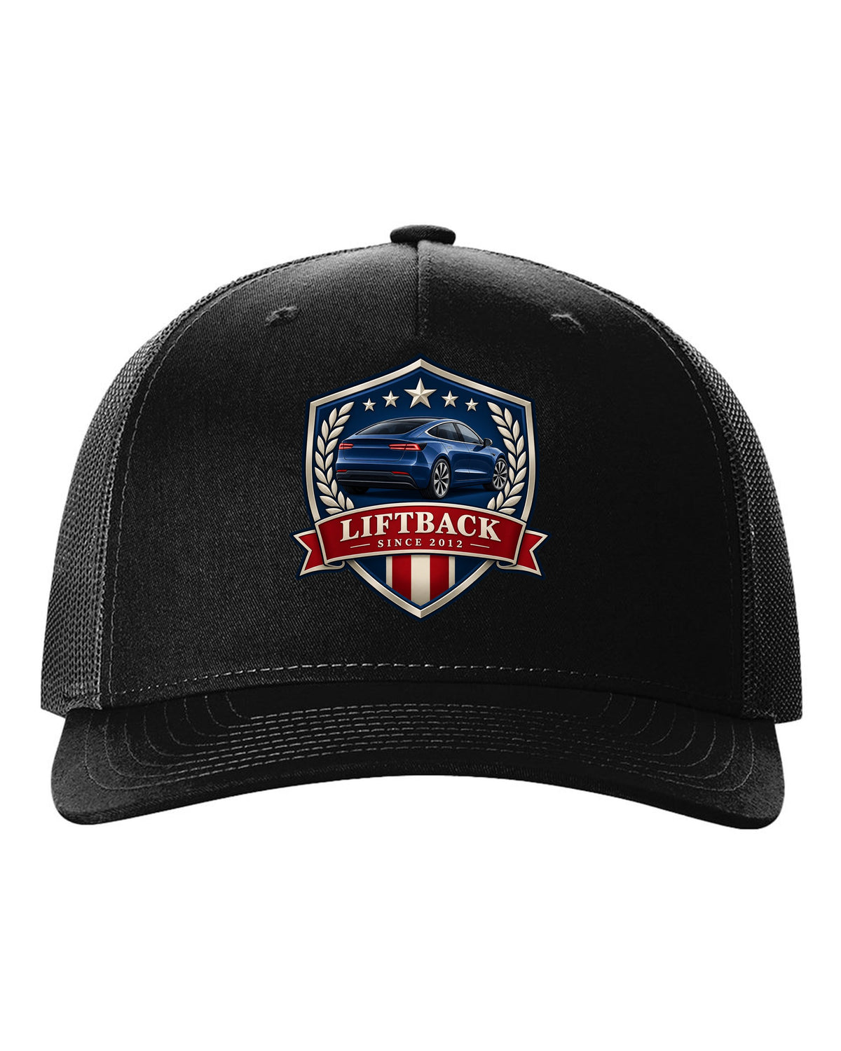 Original shield crest design of a 2021 Tesla Model S Plaid with the words Liftback Since 2012 black hat front view with the design