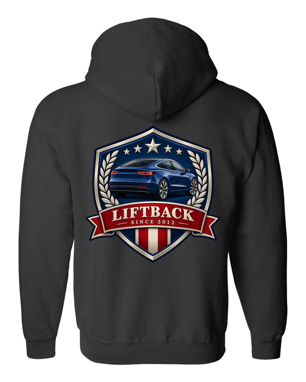 Original shield crest design of a 2021 Tesla Model S Plaid with the words Liftback Since 2012 black zip hoodie back view with the design