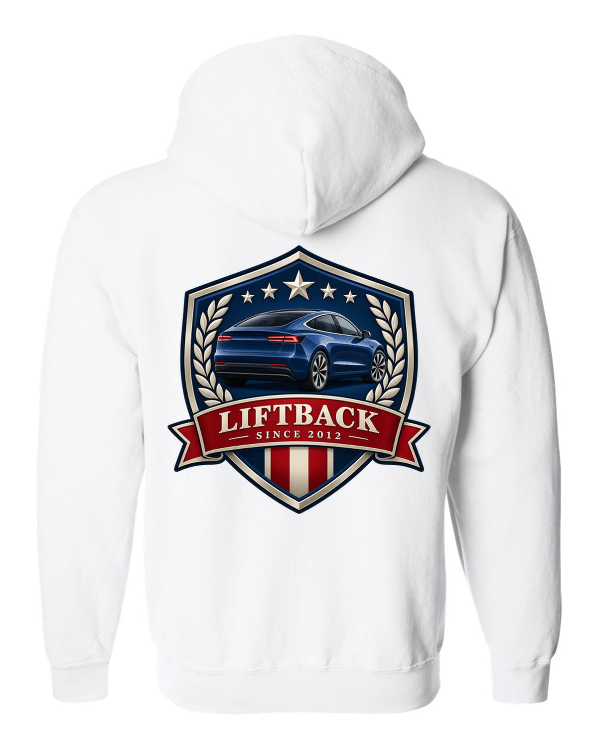 Original shield crest design of a 2021 Tesla Model S Plaid with the words Liftback Since 2012 white zip hoodie back view with the design