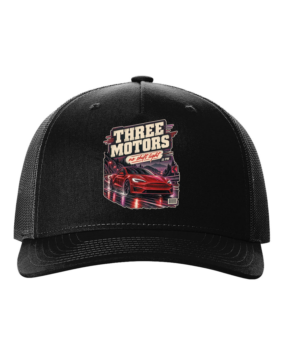 Night street print of a Tesla Model S Plaid on a wet road black hat front view with the design