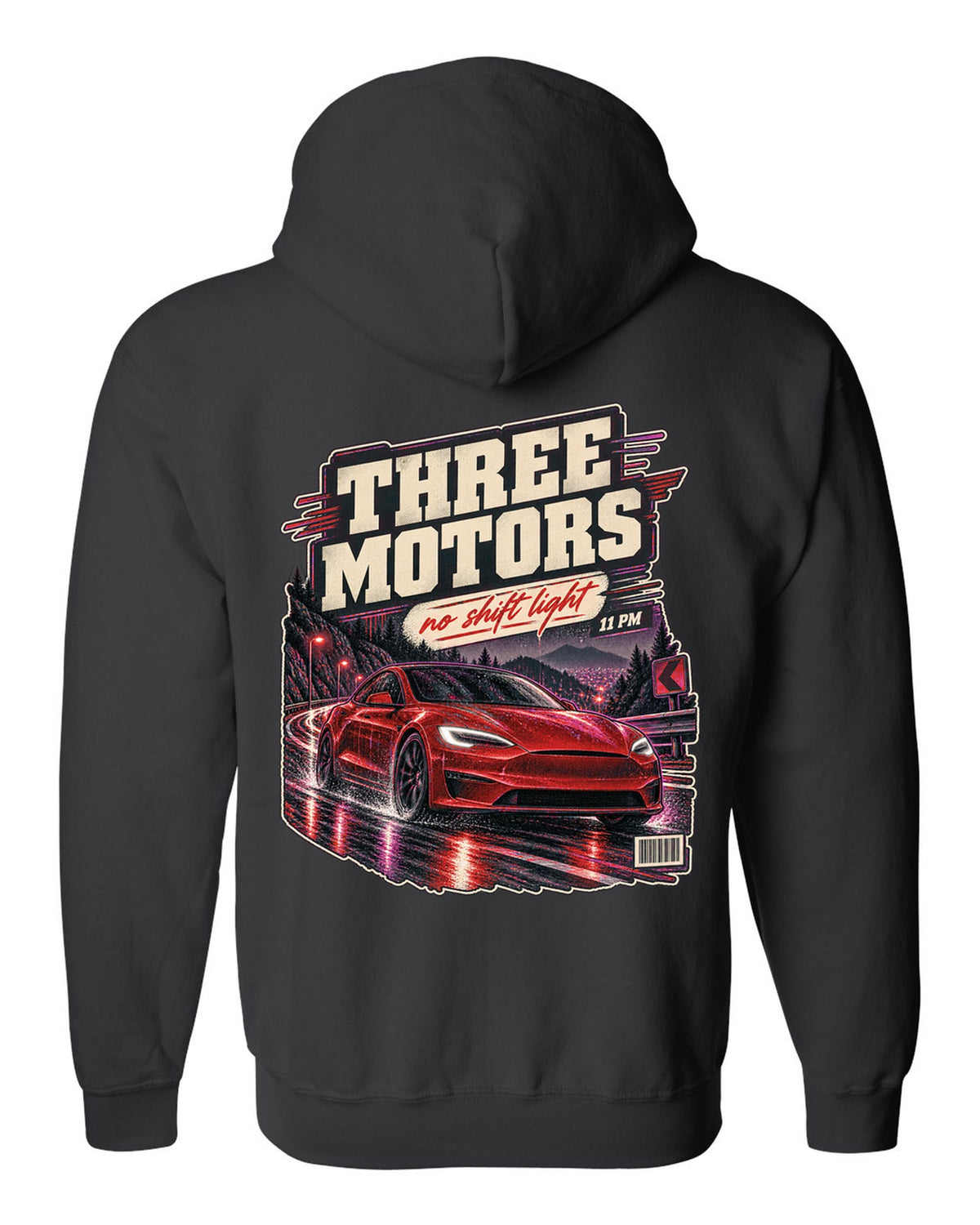 Night street print of a Tesla Model S Plaid on a wet road black zip hoodie back view with the design