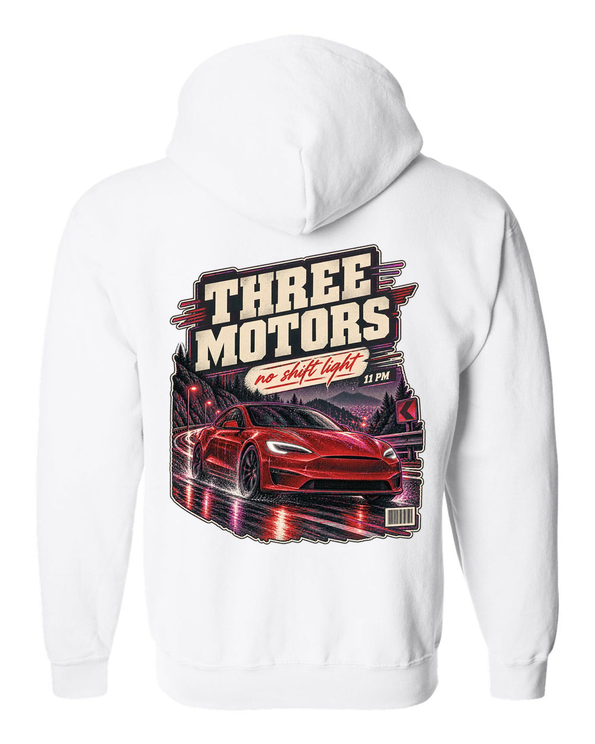Night street print of a Tesla Model S Plaid on a wet road white zip hoodie back view with the design