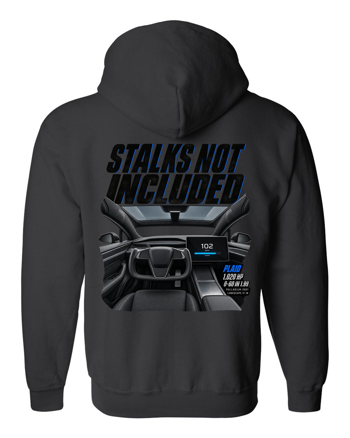 Cockpit print of a 2021 Tesla Model S Plaid Palladium with yoke and landscape screen black zip hoodie back view with the design
