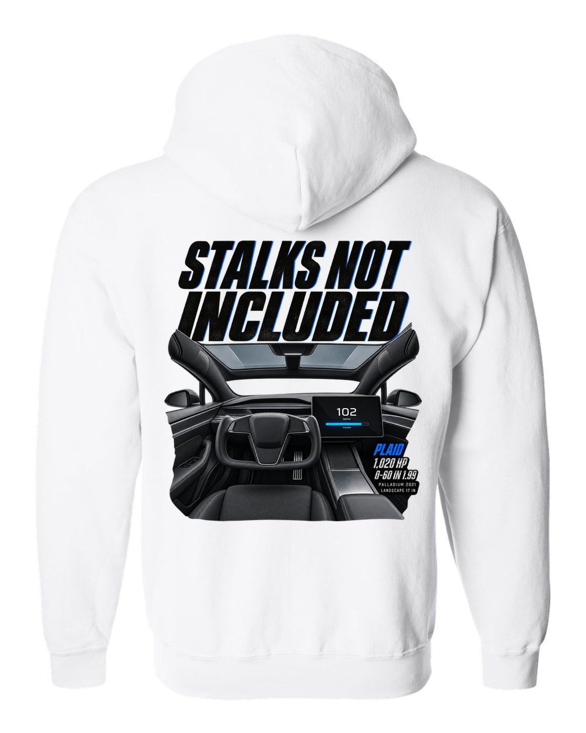 Cockpit print of a 2021 Tesla Model S Plaid Palladium with yoke and landscape screen white zip hoodie back view with the design