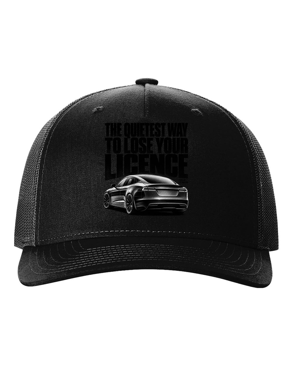 Halftone print of a Tesla Model S Plaid rear three-quarter view black hat front view with the design