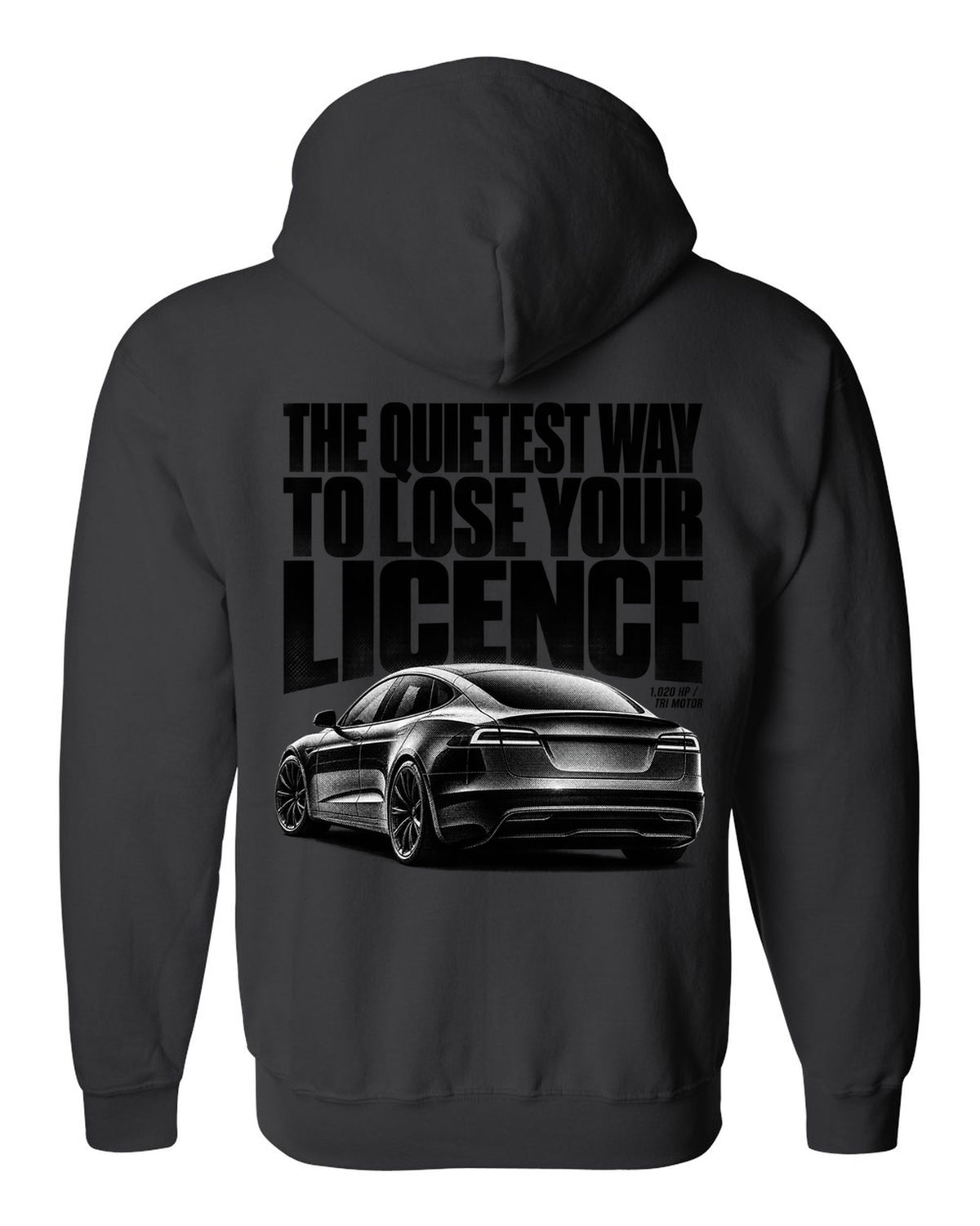 Halftone print of a Tesla Model S Plaid rear three-quarter view black zip hoodie back view with the design