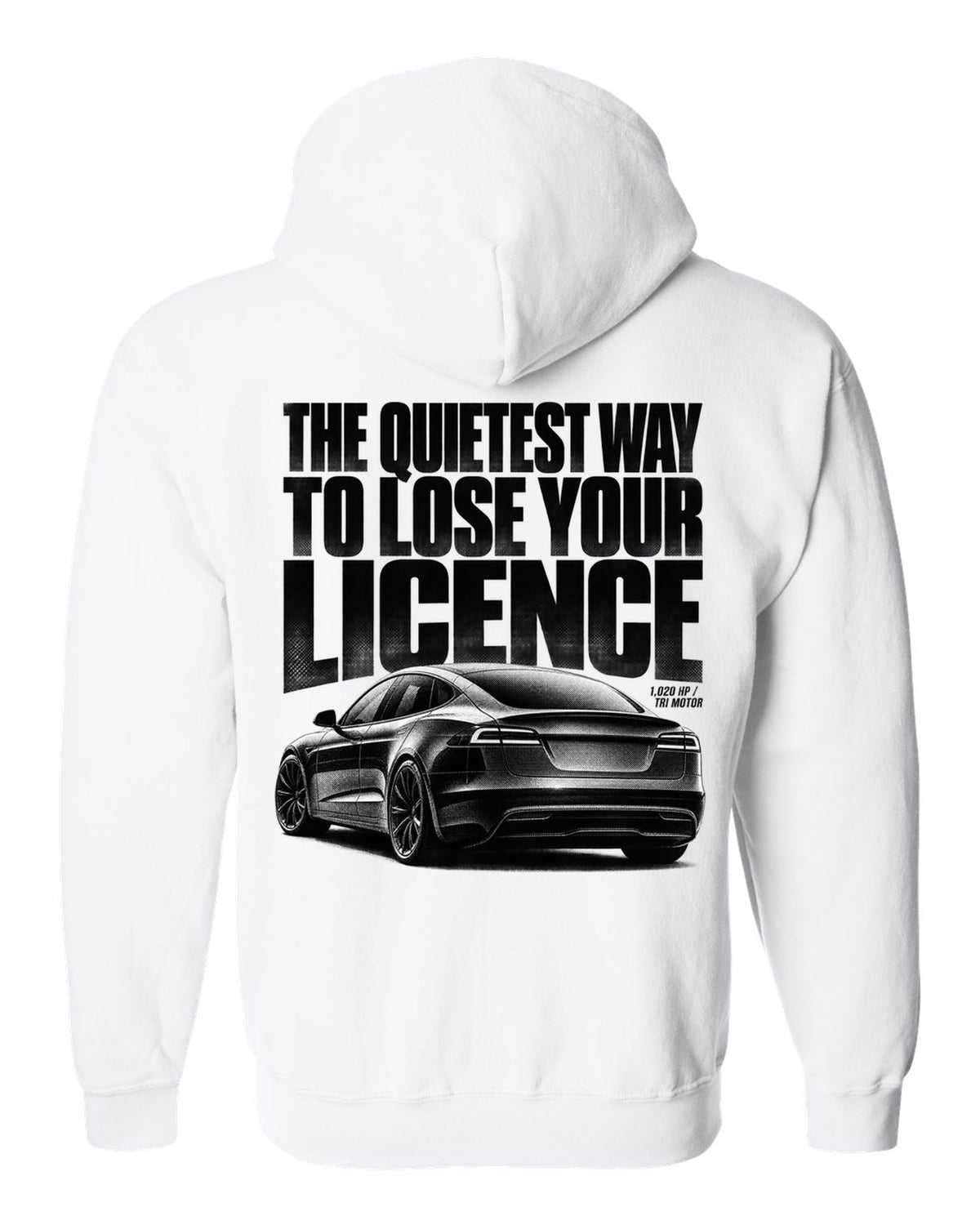 Halftone print of a Tesla Model S Plaid rear three-quarter view white zip hoodie back view with the design