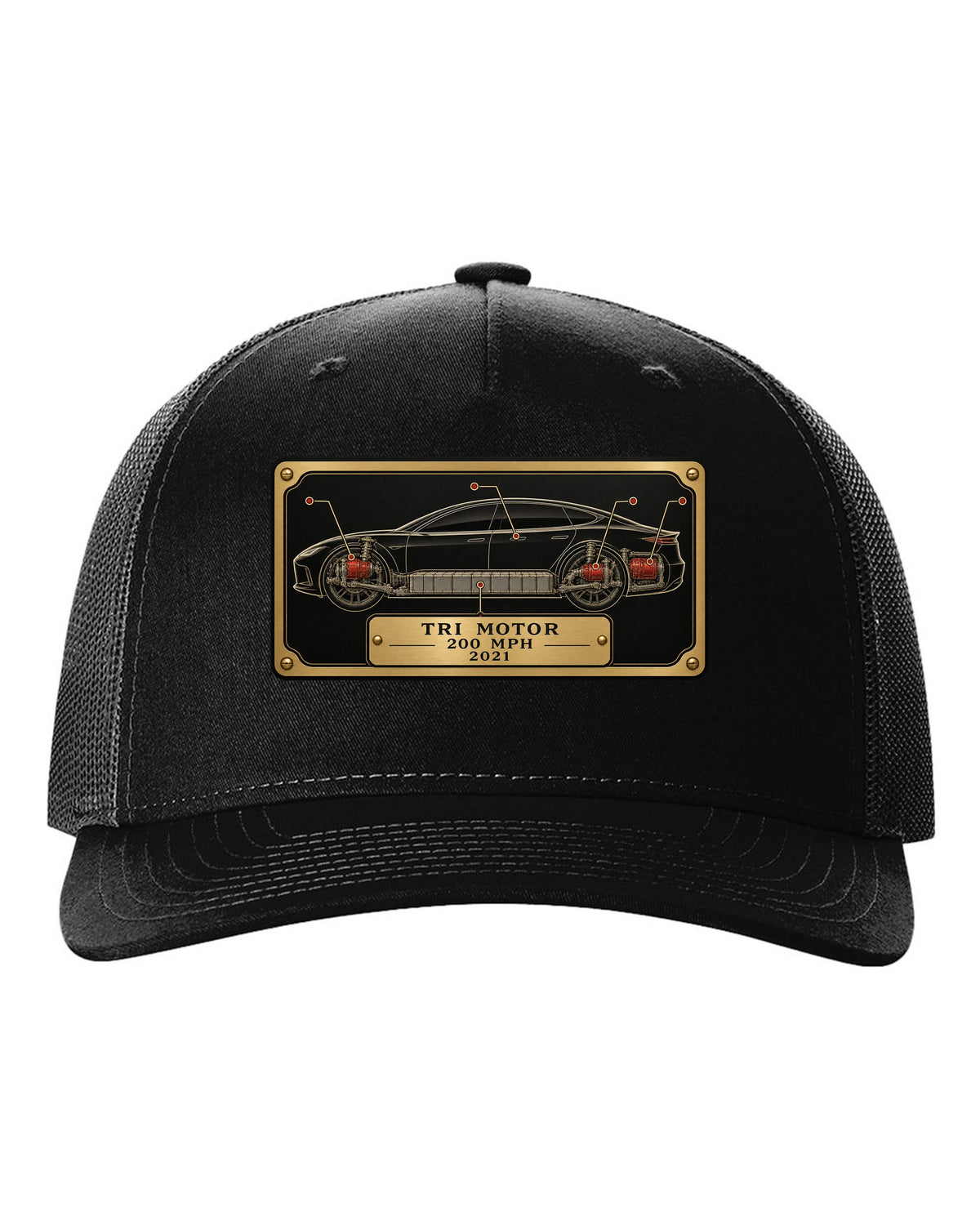 Spec-sheet data plate layout for a 2021 Tesla Model S Plaid with the words Tri Motor 200 MPH 2021 black hat front view with the design