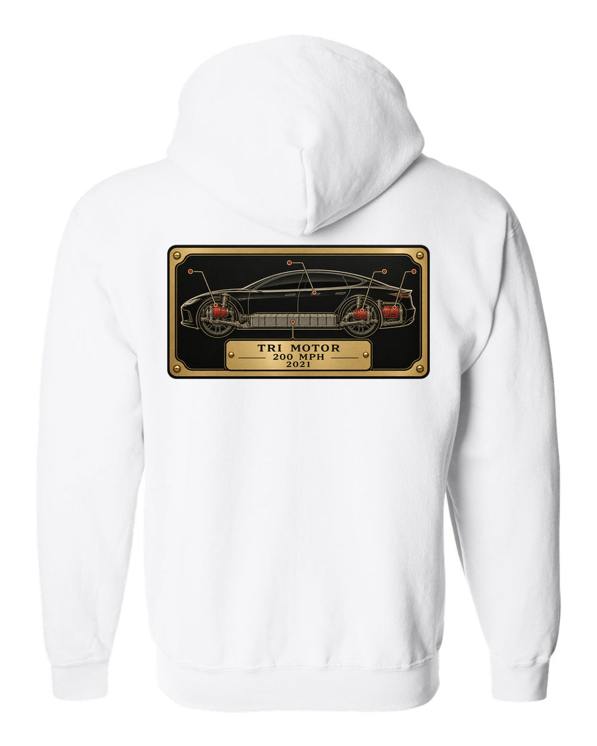 Spec-sheet data plate layout for a 2021 Tesla Model S Plaid with the words Tri Motor 200 MPH 2021 white zip hoodie back view with the design