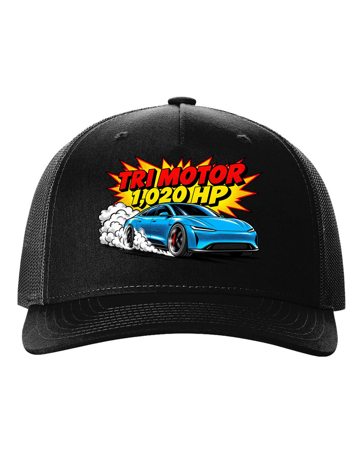 Comic halftone pop-art of a 2021 Tesla Model S Plaid with the words Tri Motor 1,020 HP black hat front view with the design