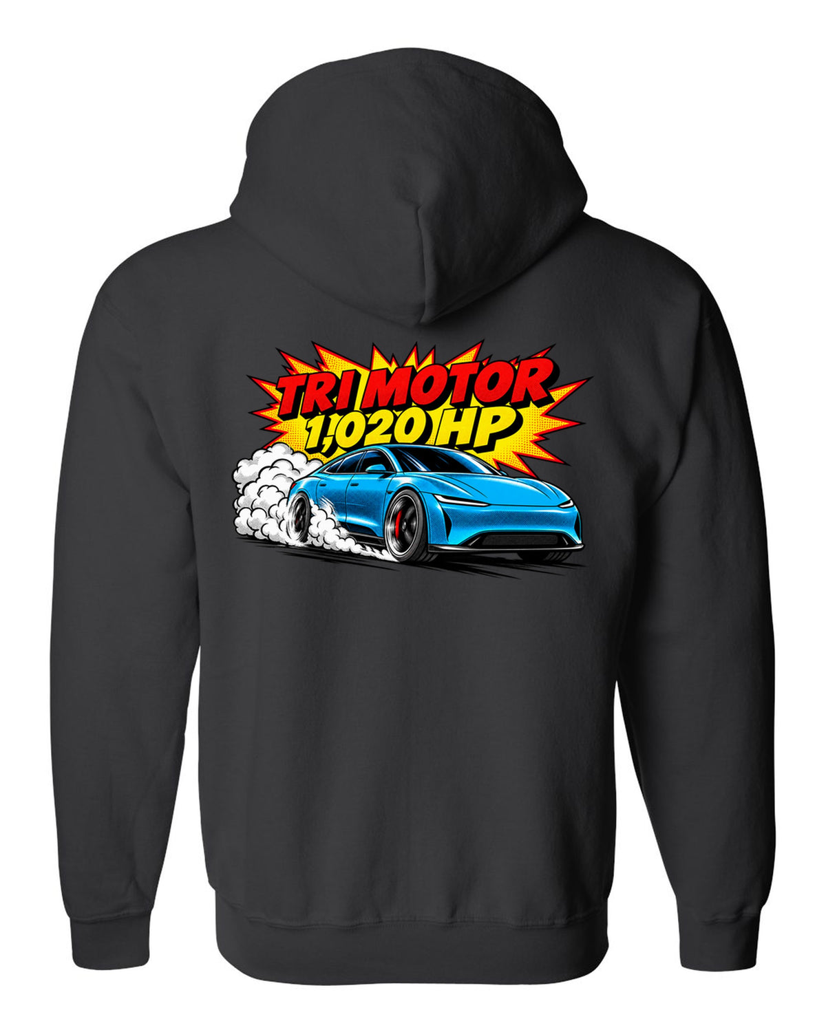 Comic halftone pop-art of a 2021 Tesla Model S Plaid with the words Tri Motor 1,020 HP black zip hoodie back view with the design
