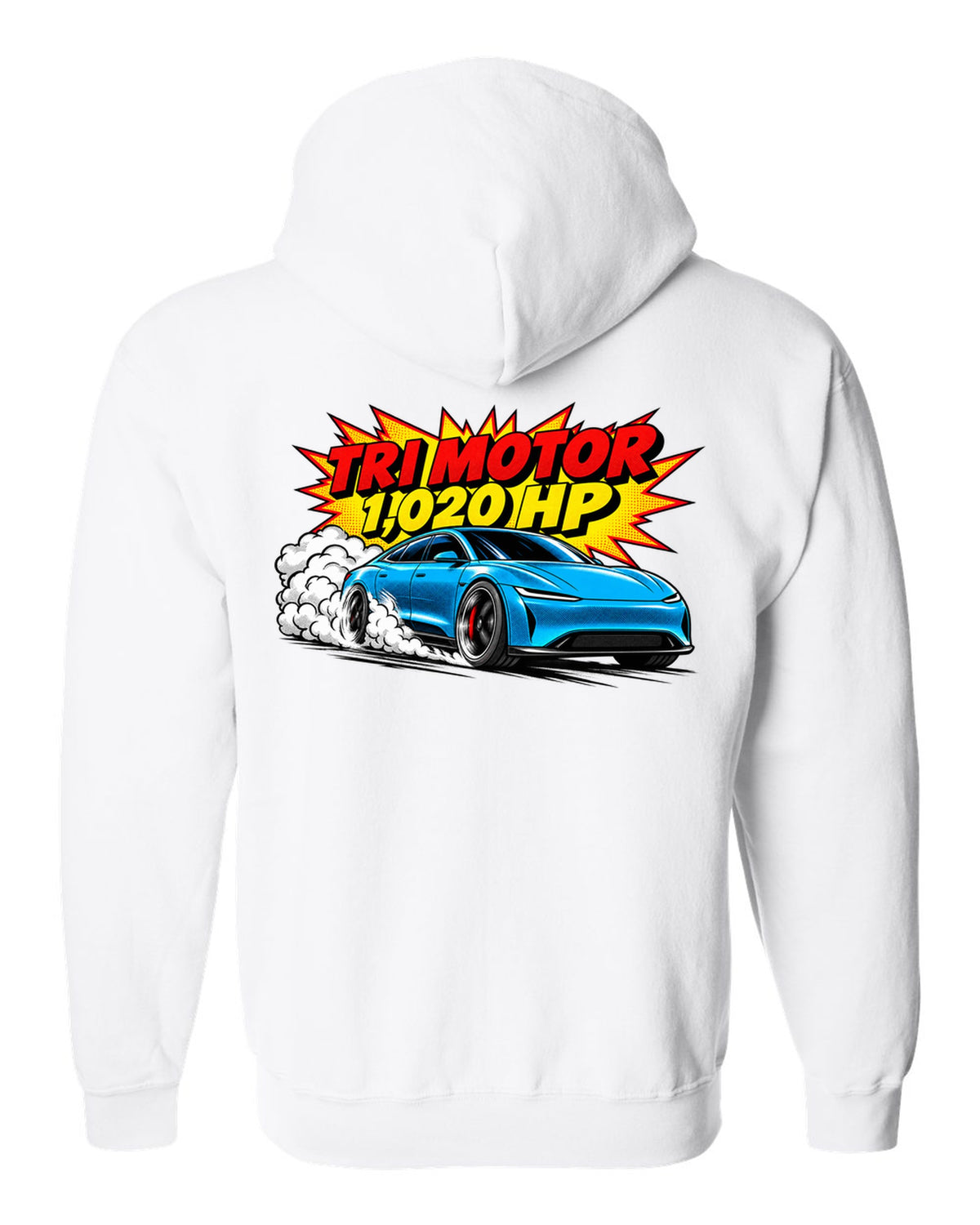 Comic halftone pop-art of a 2021 Tesla Model S Plaid with the words Tri Motor 1,020 HP white zip hoodie back view with the design