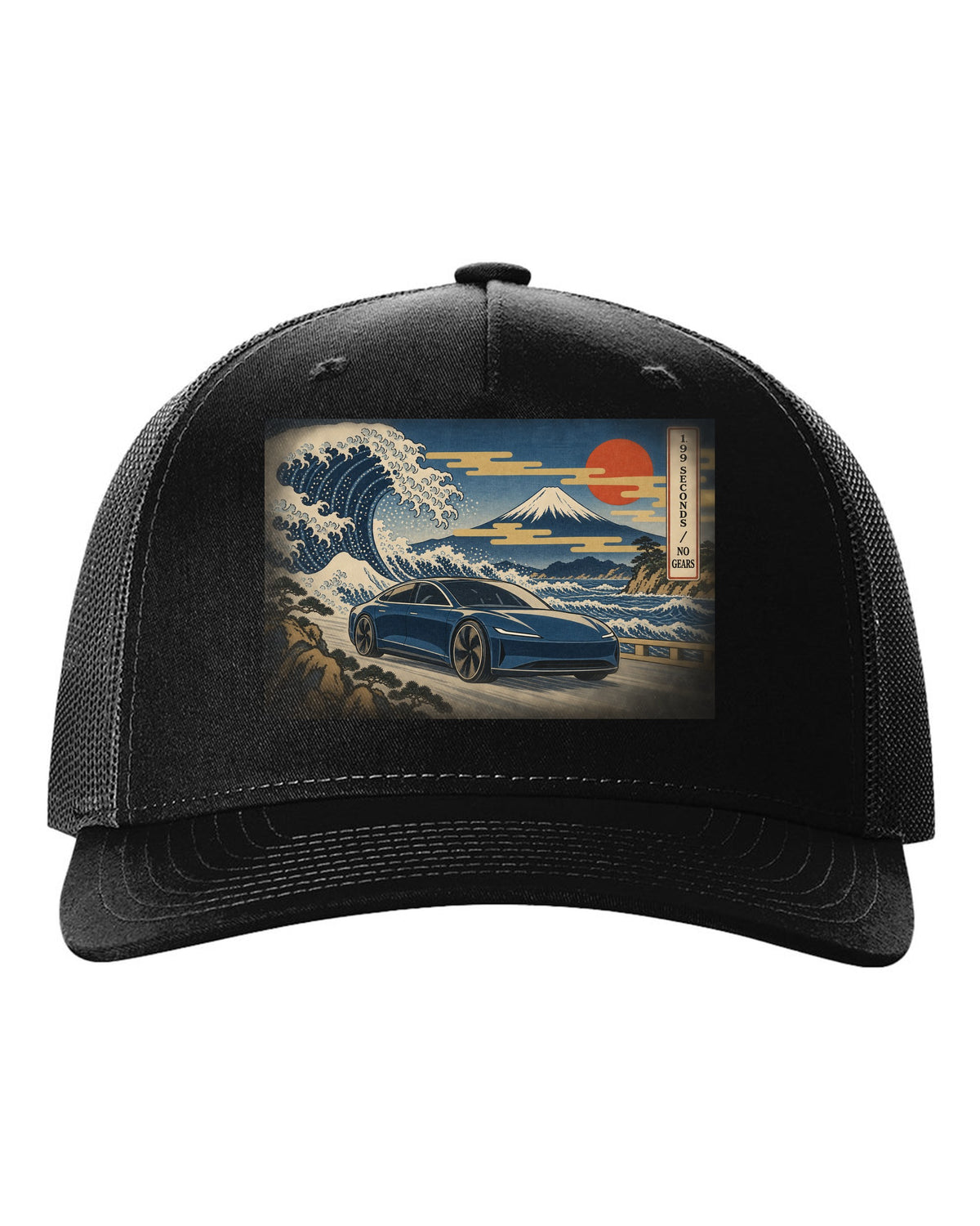 Ukiyo-e woodblock print of a 2021 Tesla Model S Plaid with the words 1.99 Seconds No Gears black hat front view with the design