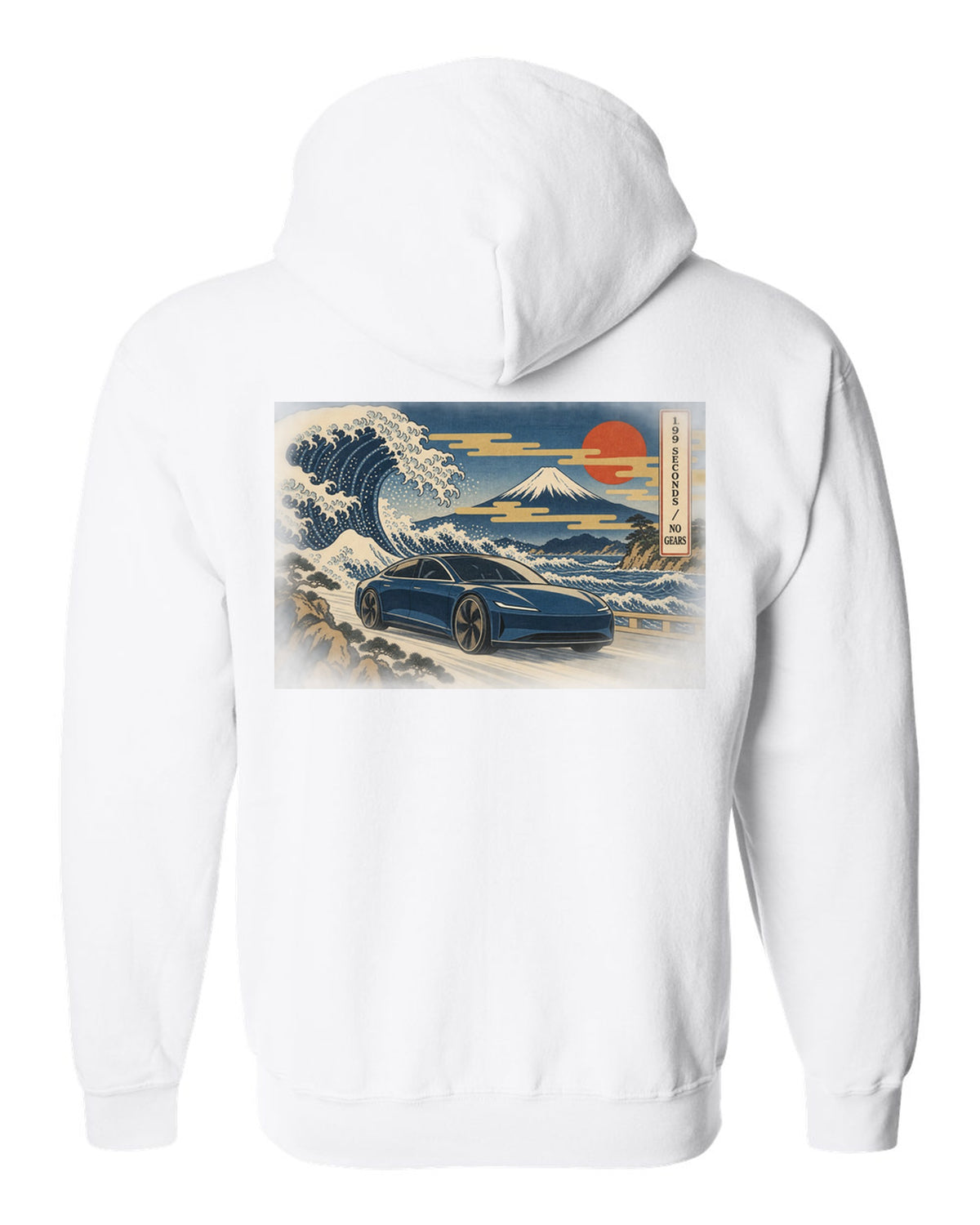 Ukiyo-e woodblock print of a 2021 Tesla Model S Plaid with the words 1.99 Seconds No Gears white zip hoodie back view with the design