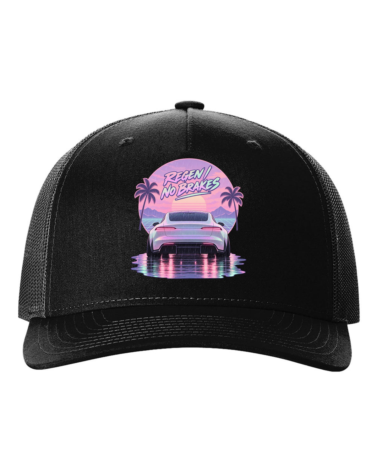 Vaporwave pastel scene of a 2021 Tesla Model S Plaid taillights in rain with the words Regen No Brakes black hat front view with the design