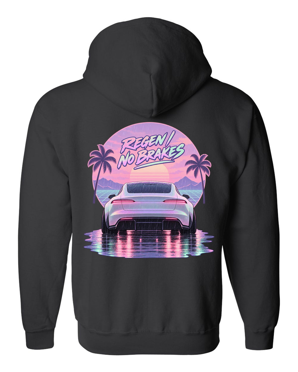 Vaporwave pastel scene of a 2021 Tesla Model S Plaid taillights in rain with the words Regen No Brakes black zip hoodie back view with the design