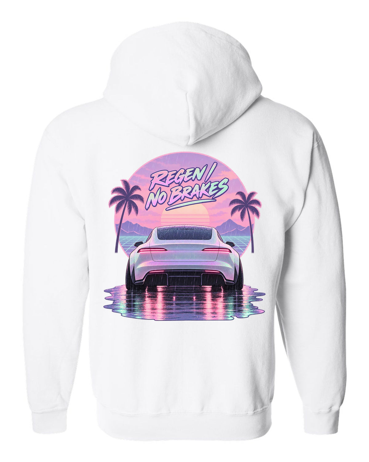Vaporwave pastel scene of a 2021 Tesla Model S Plaid taillights in rain with the words Regen No Brakes white zip hoodie back view with the design