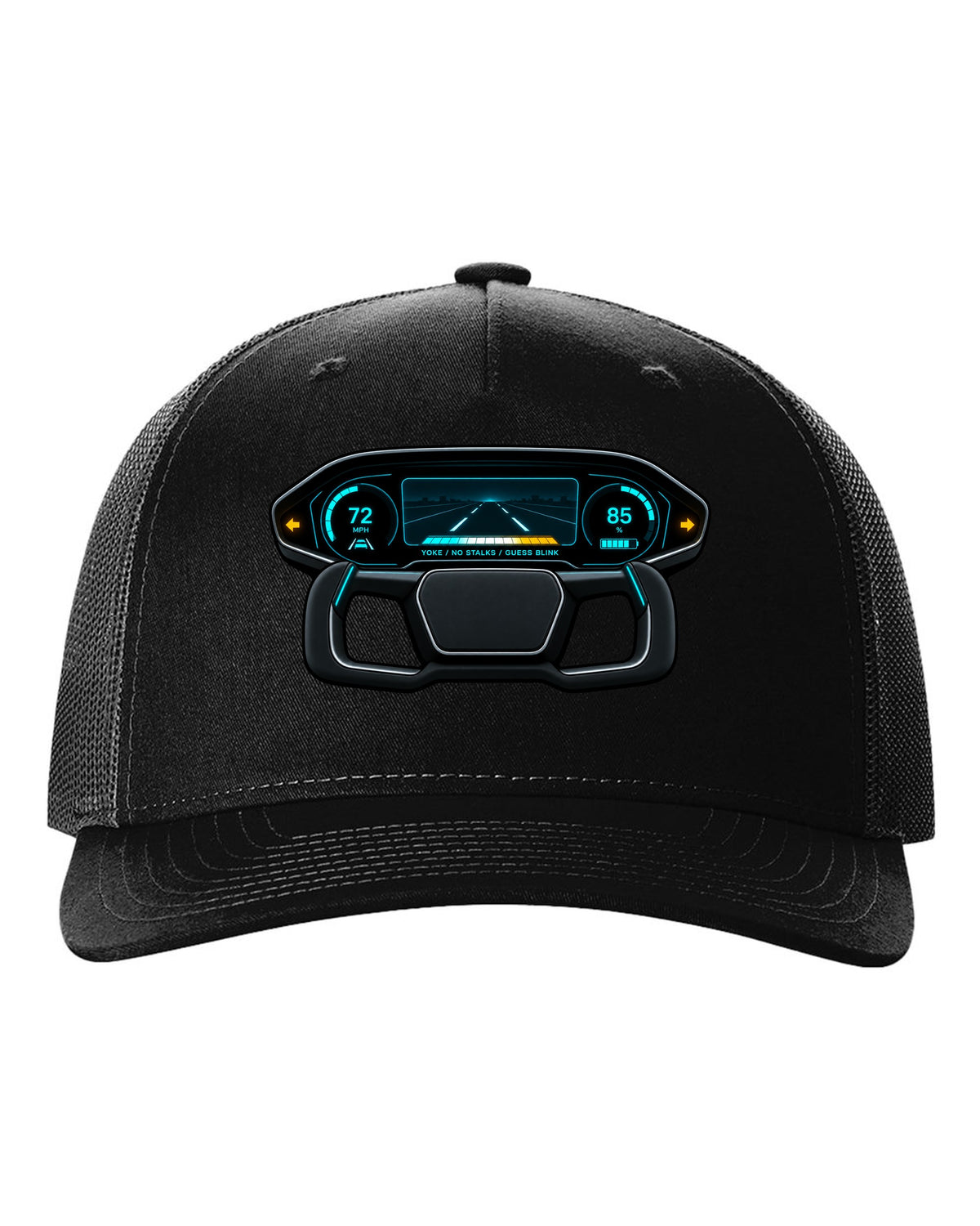 Gauge-cluster HUD design for a 2021 Tesla Model S Plaid with the words Yoke No Stalks Guess Blink black hat front view with the design