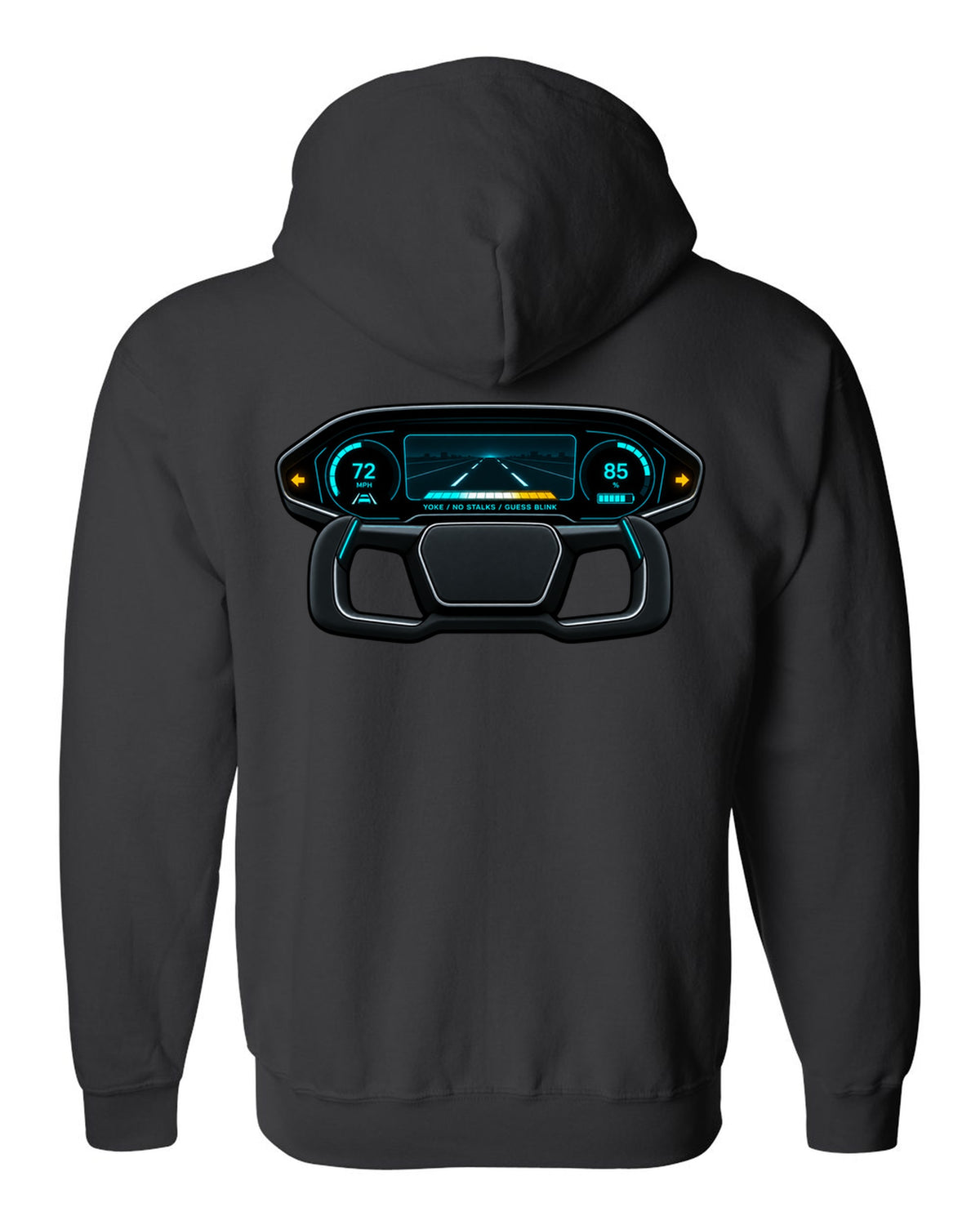 Gauge-cluster HUD design for a 2021 Tesla Model S Plaid with the words Yoke No Stalks Guess Blink black zip hoodie back view with the design