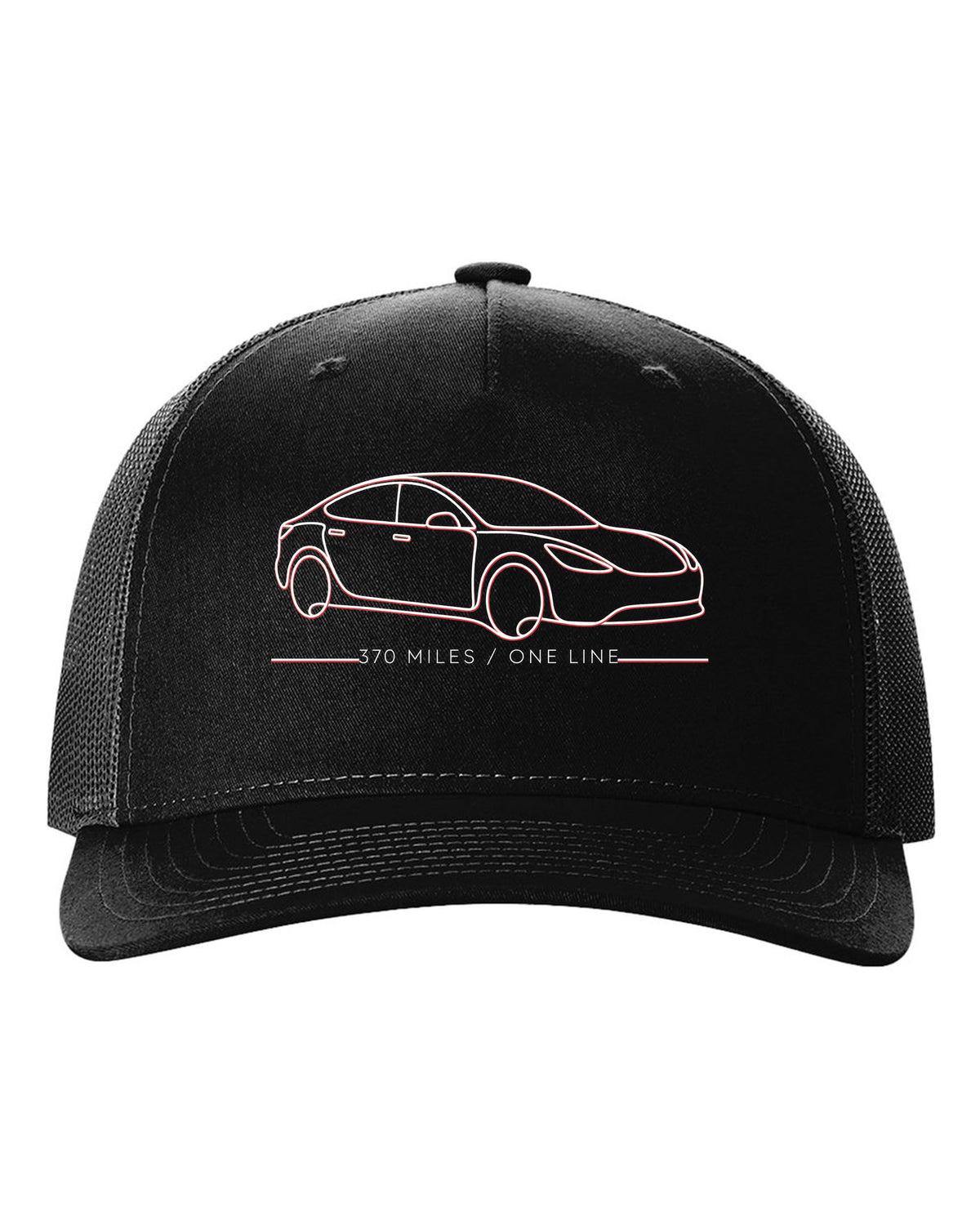 Continuous single-line contour drawing of a 2019 Tesla Model S Raven with the words 370 Miles One Line black hat front view with the design