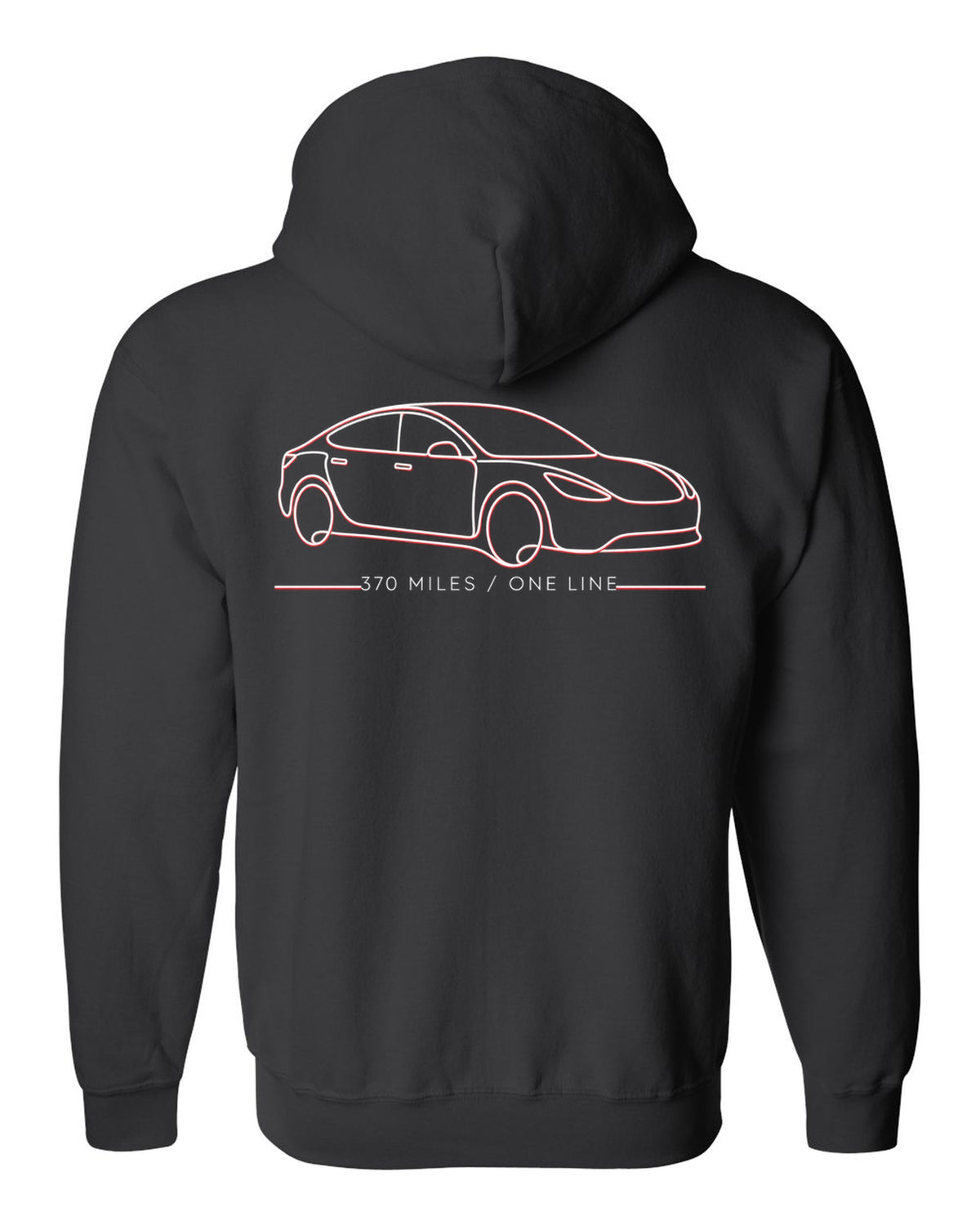 Continuous single-line contour drawing of a 2019 Tesla Model S Raven with the words 370 Miles One Line black zip hoodie back view with the design