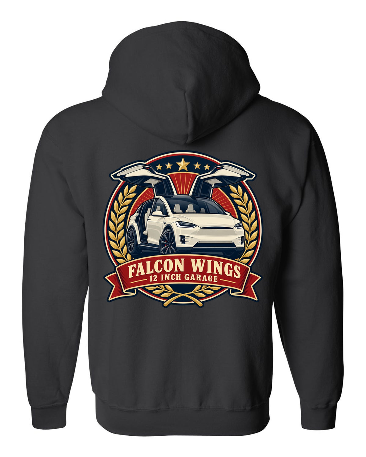 Vintage badge illustration print of a Tesla Model X with falcon wing doors reading Falcon Wings 12 Inch Garage black zip hoodie back view with the design