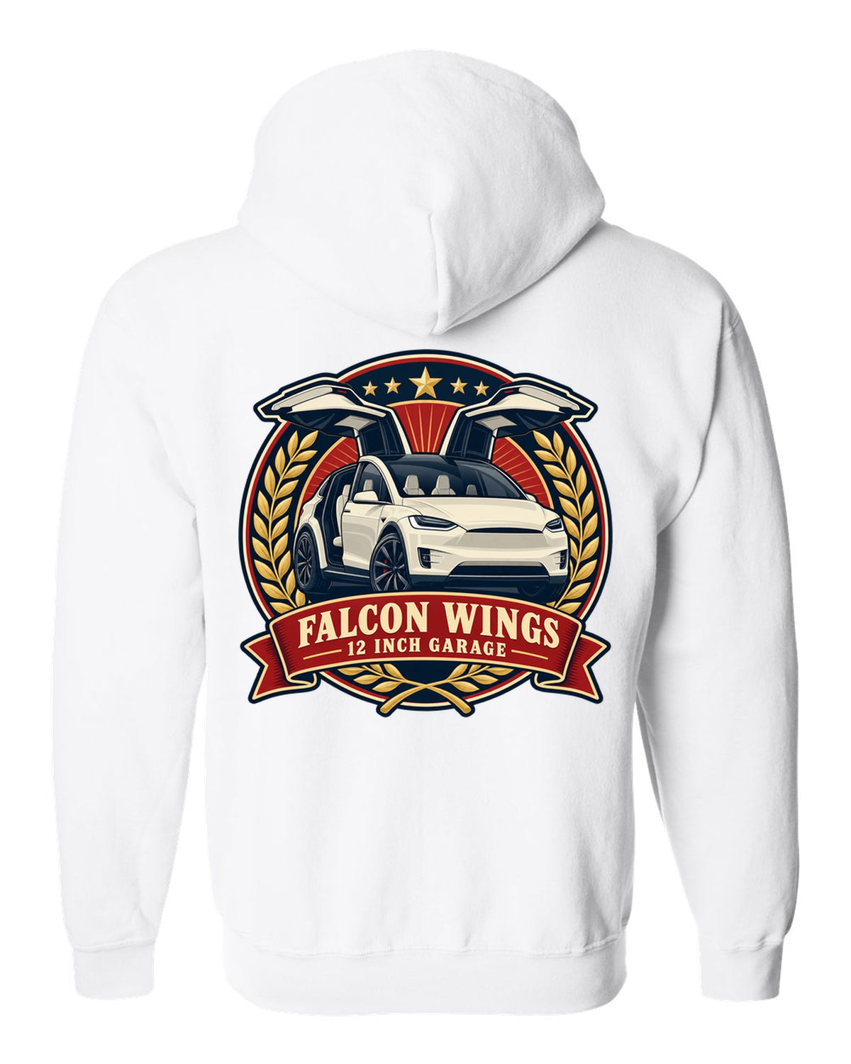 Vintage badge illustration print of a Tesla Model X with falcon wing doors reading Falcon Wings 12 Inch Garage white zip hoodie back view with the design