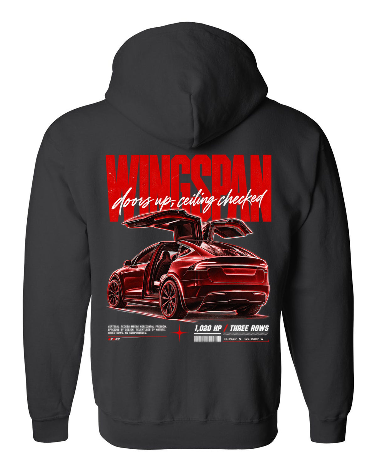 Tesla Model X Plaid 2021 with falcon doors raised in a street poster titled Wingspan black zip hoodie back view with the design
