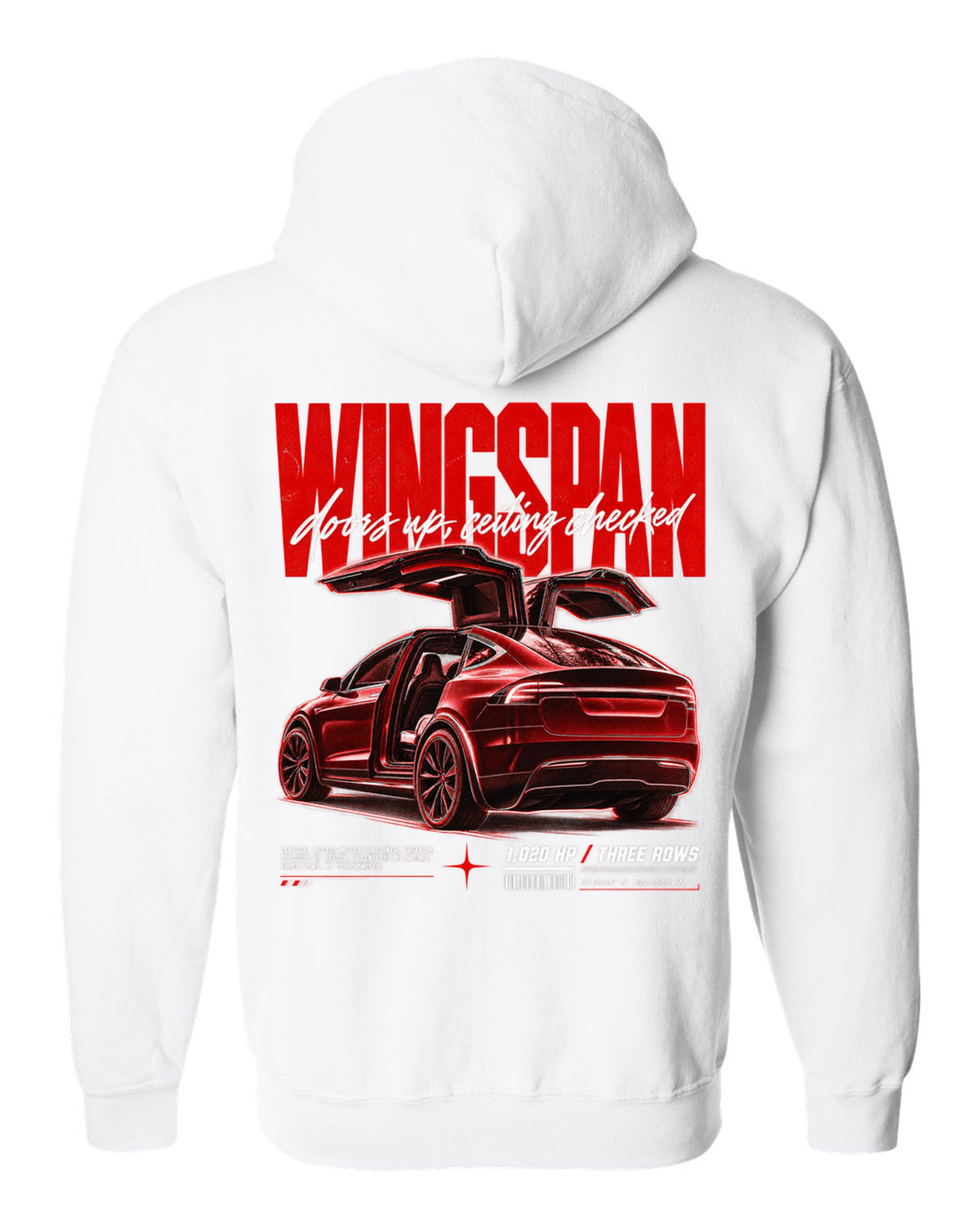 Tesla Model X Plaid 2021 with falcon doors raised in a street poster titled Wingspan white zip hoodie back view with the design