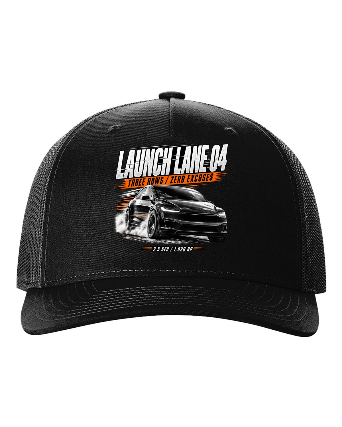 Tesla Model X Plaid front three-quarter launching in a race poster reading Launch Lane 04 black hat front view with the design