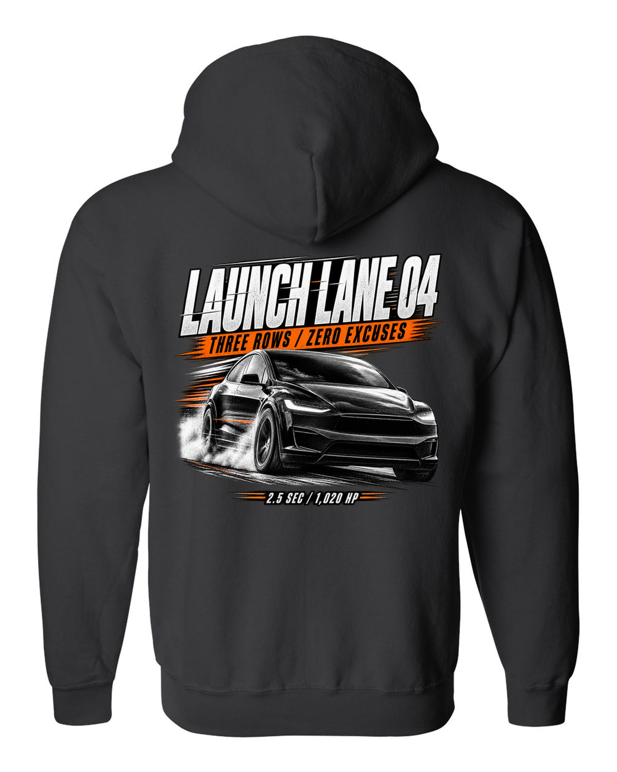 Tesla Model X Plaid front three-quarter launching in a race poster reading Launch Lane 04 black zip hoodie back view with the design