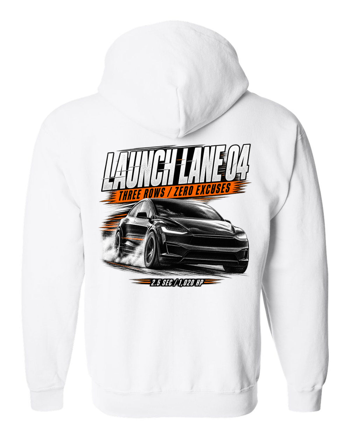 Tesla Model X Plaid front three-quarter launching in a race poster reading Launch Lane 04 white zip hoodie back view with the design
