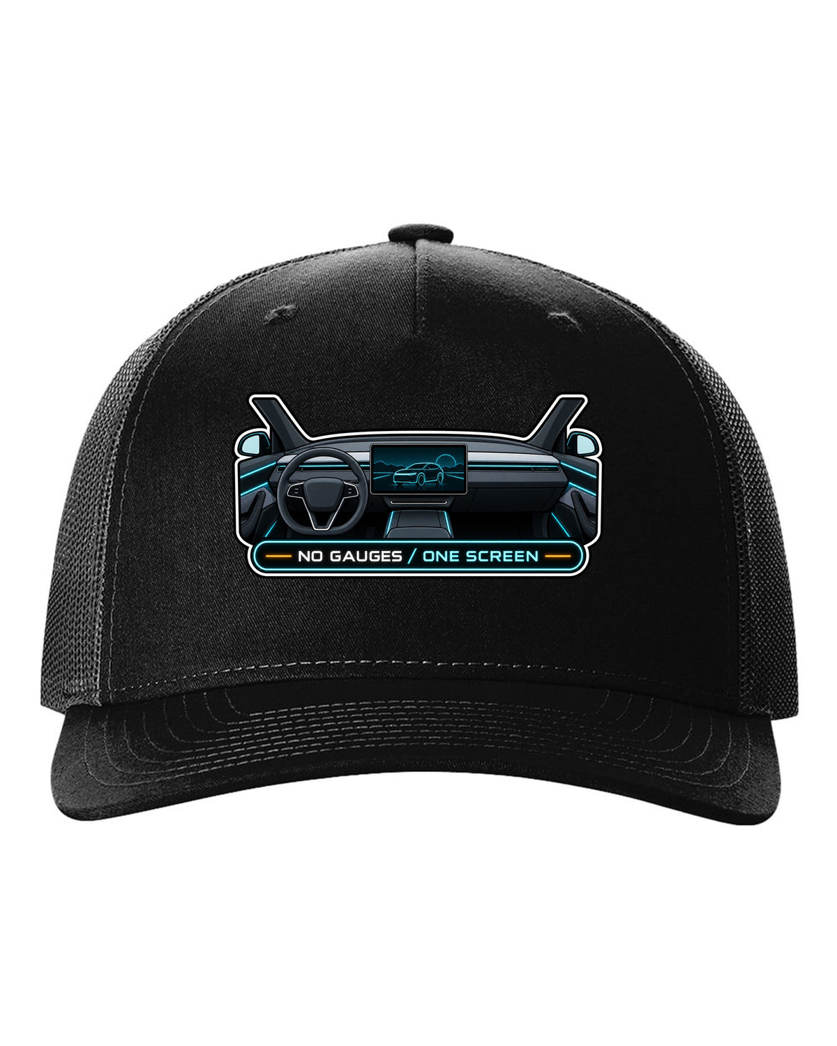 Gauge cluster HUD parody print of a Tesla Model Y Juniper reading No Gauges One Screen black hat front view with the design