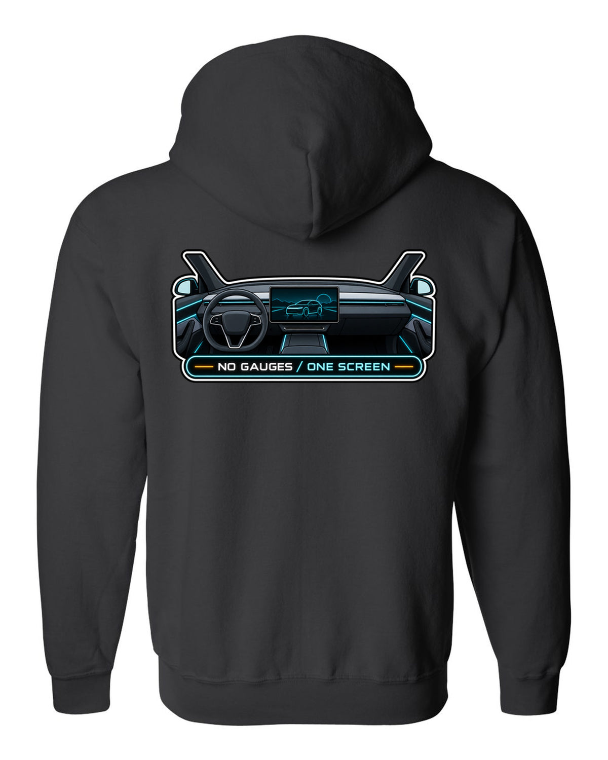 Gauge cluster HUD parody print of a Tesla Model Y Juniper reading No Gauges One Screen black zip hoodie back view with the design