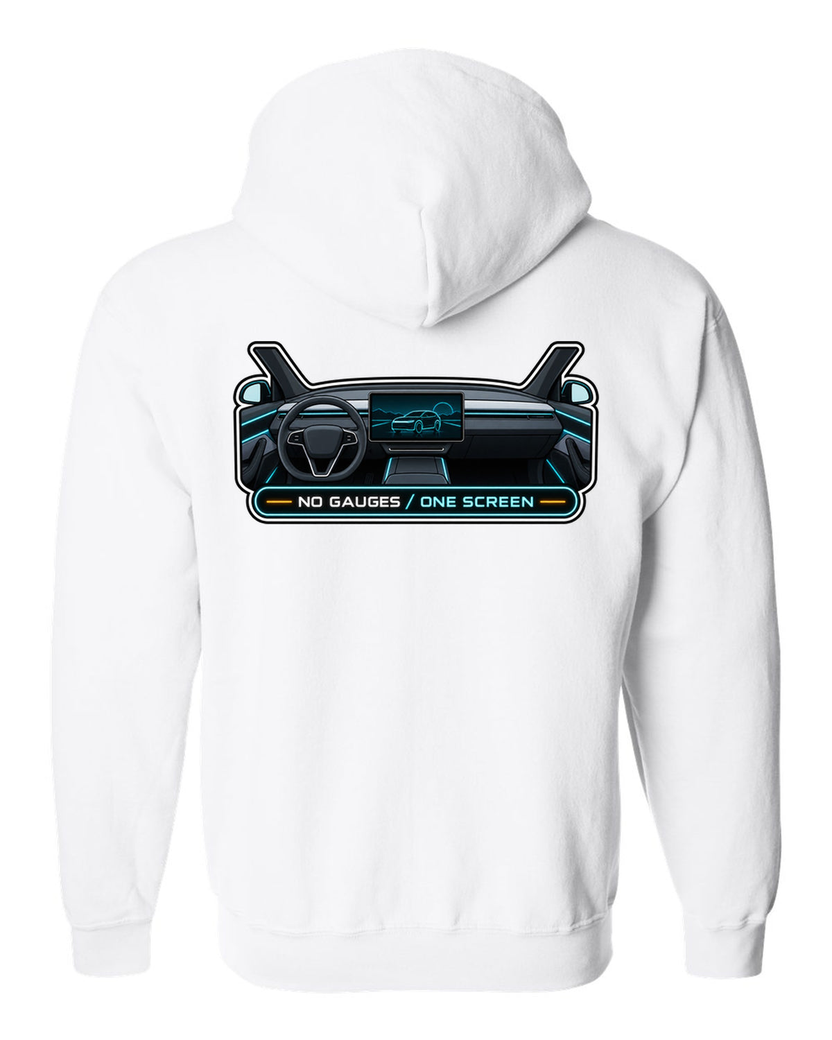 Gauge cluster HUD parody print of a Tesla Model Y Juniper reading No Gauges One Screen white zip hoodie back view with the design