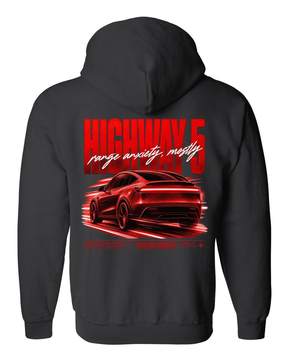 Tesla Model Y Juniper rear three-quarter in motion street poster reading Highway 5 black zip hoodie back view with the design