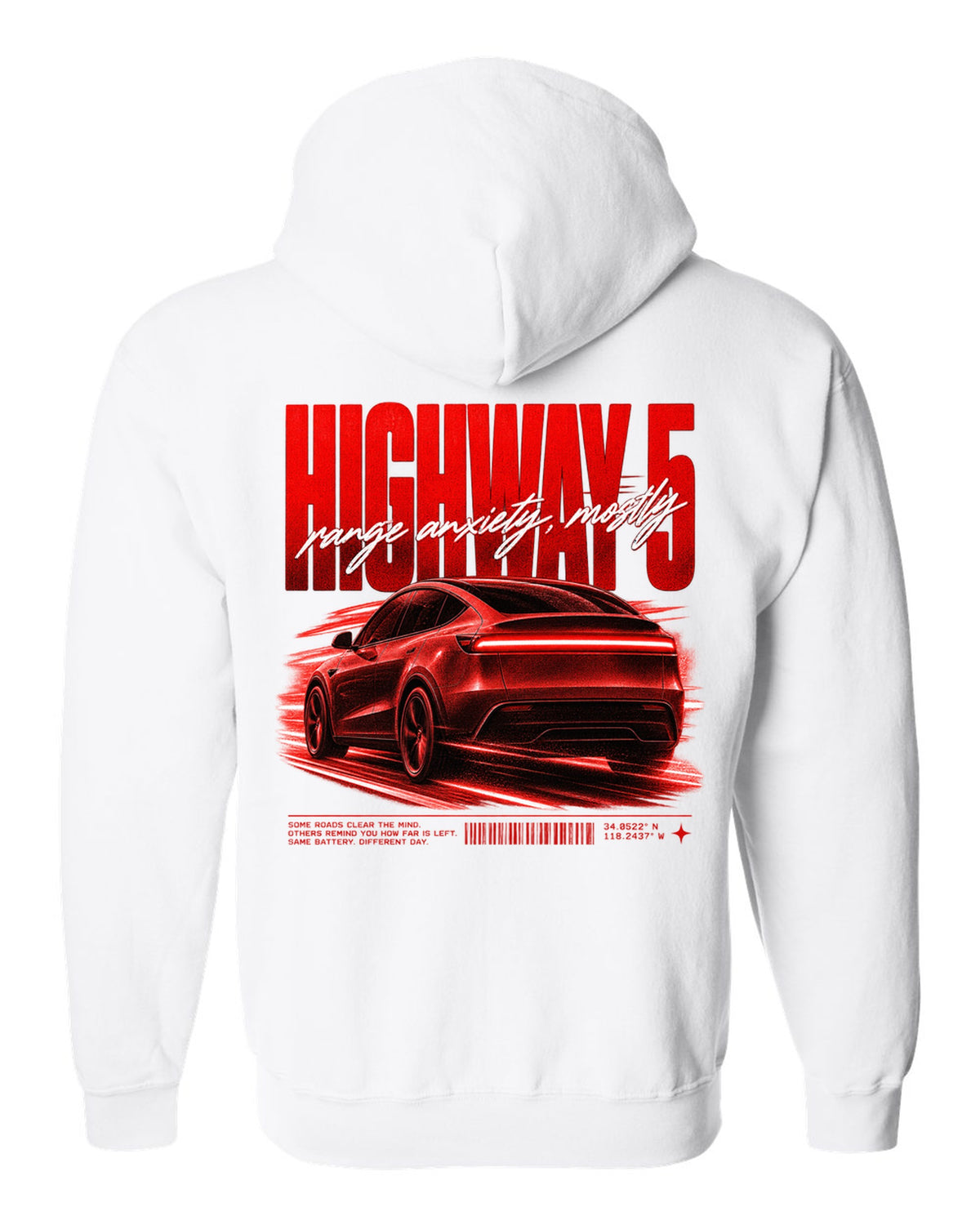 Tesla Model Y Juniper rear three-quarter in motion street poster reading Highway 5 white zip hoodie back view with the design
