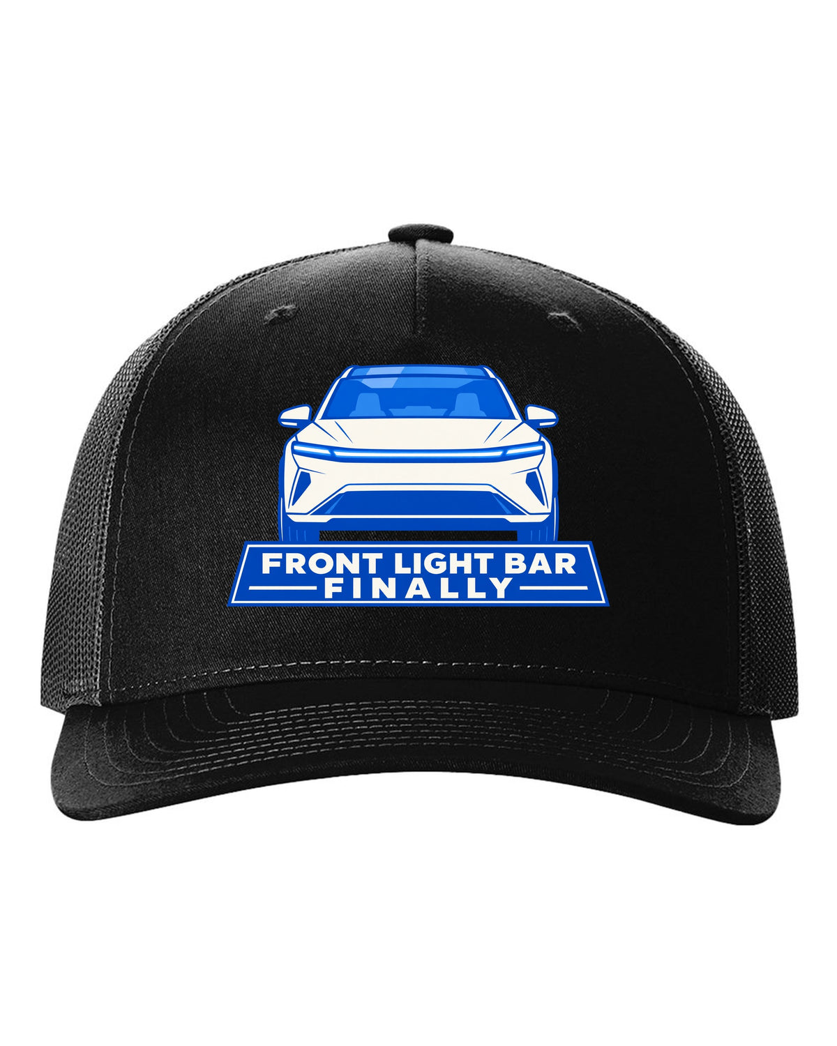 Minimal geometric flat vector print of a Tesla Model Y Juniper with the text Front Light Bar Finally black hat front view with the design