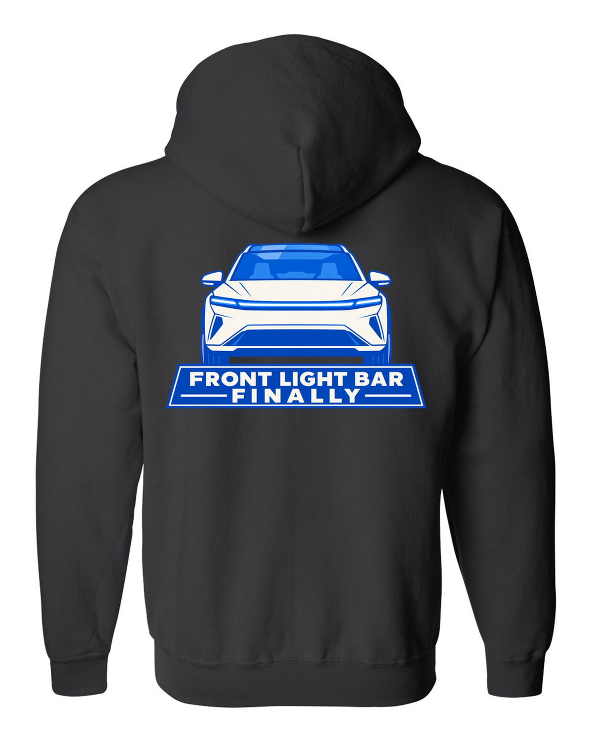 Minimal geometric flat vector print of a Tesla Model Y Juniper with the text Front Light Bar Finally black zip hoodie back view with the design