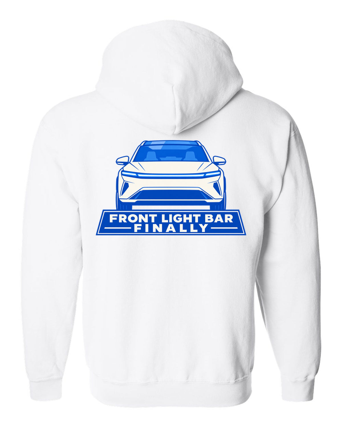Minimal geometric flat vector print of a Tesla Model Y Juniper with the text Front Light Bar Finally white zip hoodie back view with the design