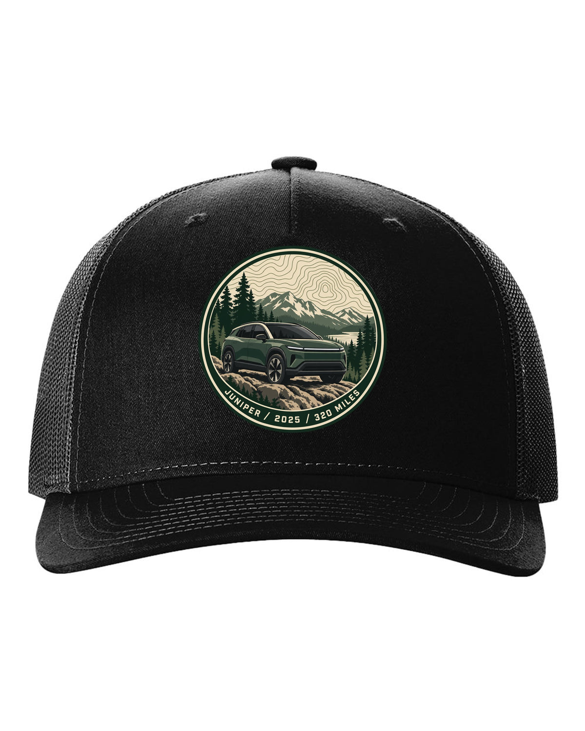 Topographic contour map trail badge print for a Tesla Model Y Juniper reading Juniper 2025 320 Miles black hat front view with the design