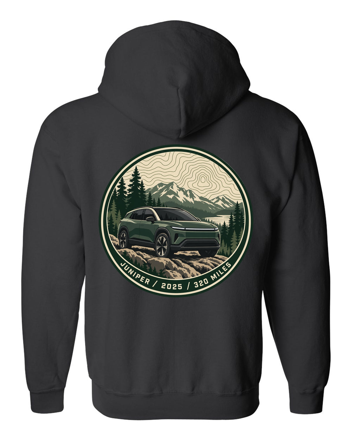 Topographic contour map trail badge print for a Tesla Model Y Juniper reading Juniper 2025 320 Miles black zip hoodie back view with the design